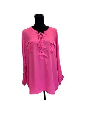 NYGARD neon pink roll tab long sleeve lace-up blouse Sz L